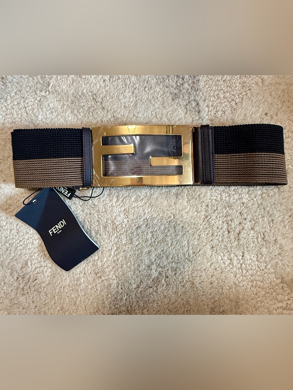 Fendi Brown and Black Elastic Belt with Gold Logo Buckle